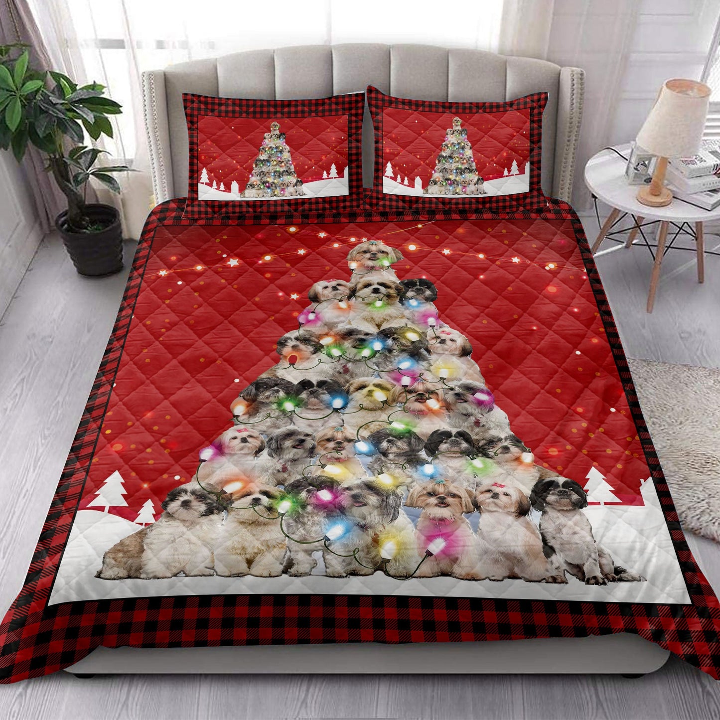Shih Tzu Quilt Set, Shih Tzumas Noel Xmas Tree Dog Quilt Blanket With Pillowcases, Quilt Bedding Set, Christmas Gift