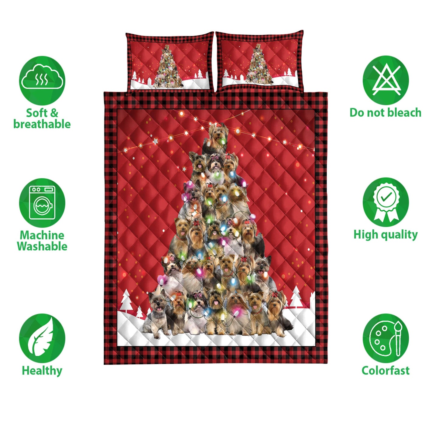 Yorkshire Quilt Set, Yorkshire Terriermas Noel Xmas Tree Dog Quilt Blanket With Pillowcases, Quilt Bedding Set, Christmas Gift