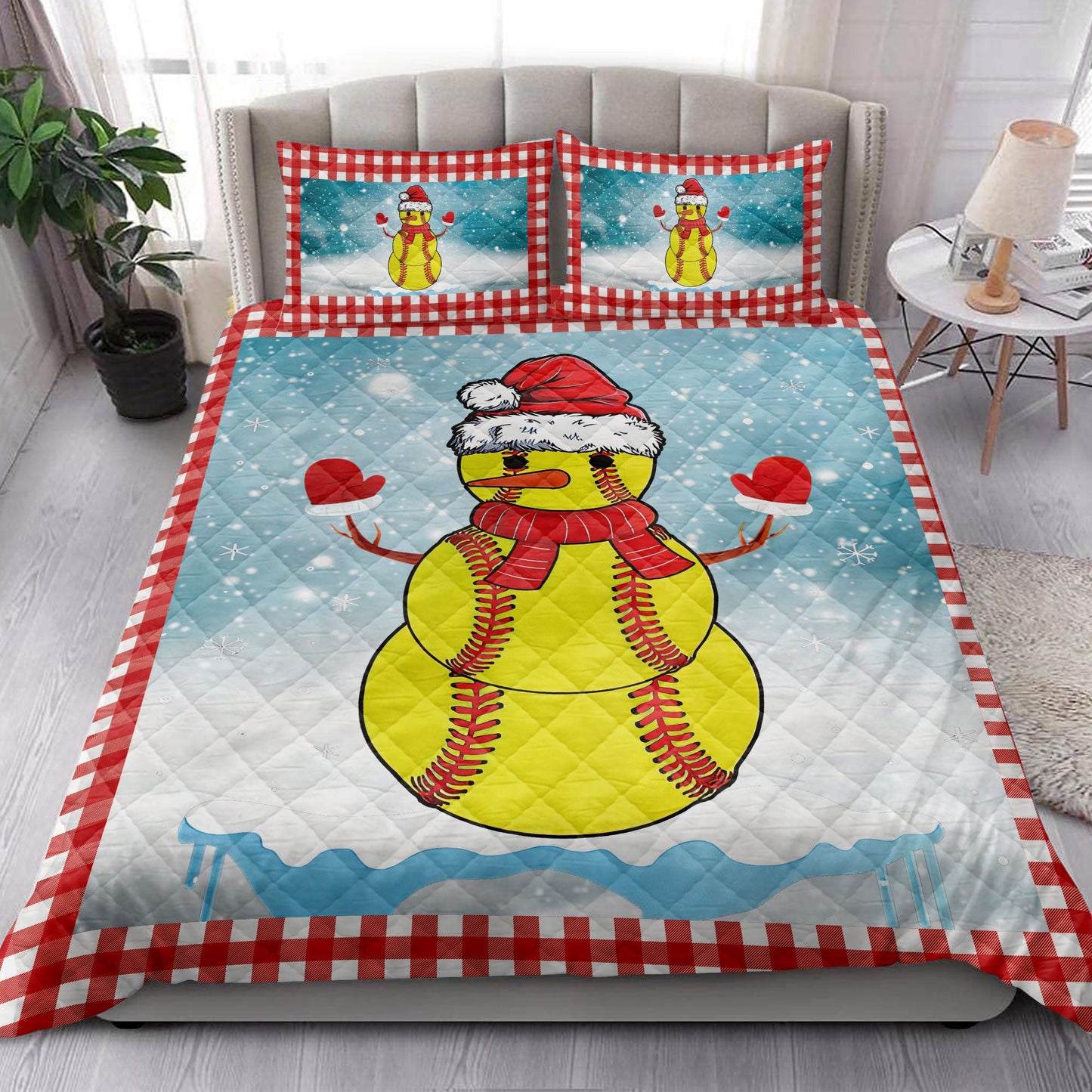 Softball Quilt Set, Funnymas Softball Balls Santa Snowman Quilt Blanket With Pillowcases, Quilt Bedding Set, Christmas Gift