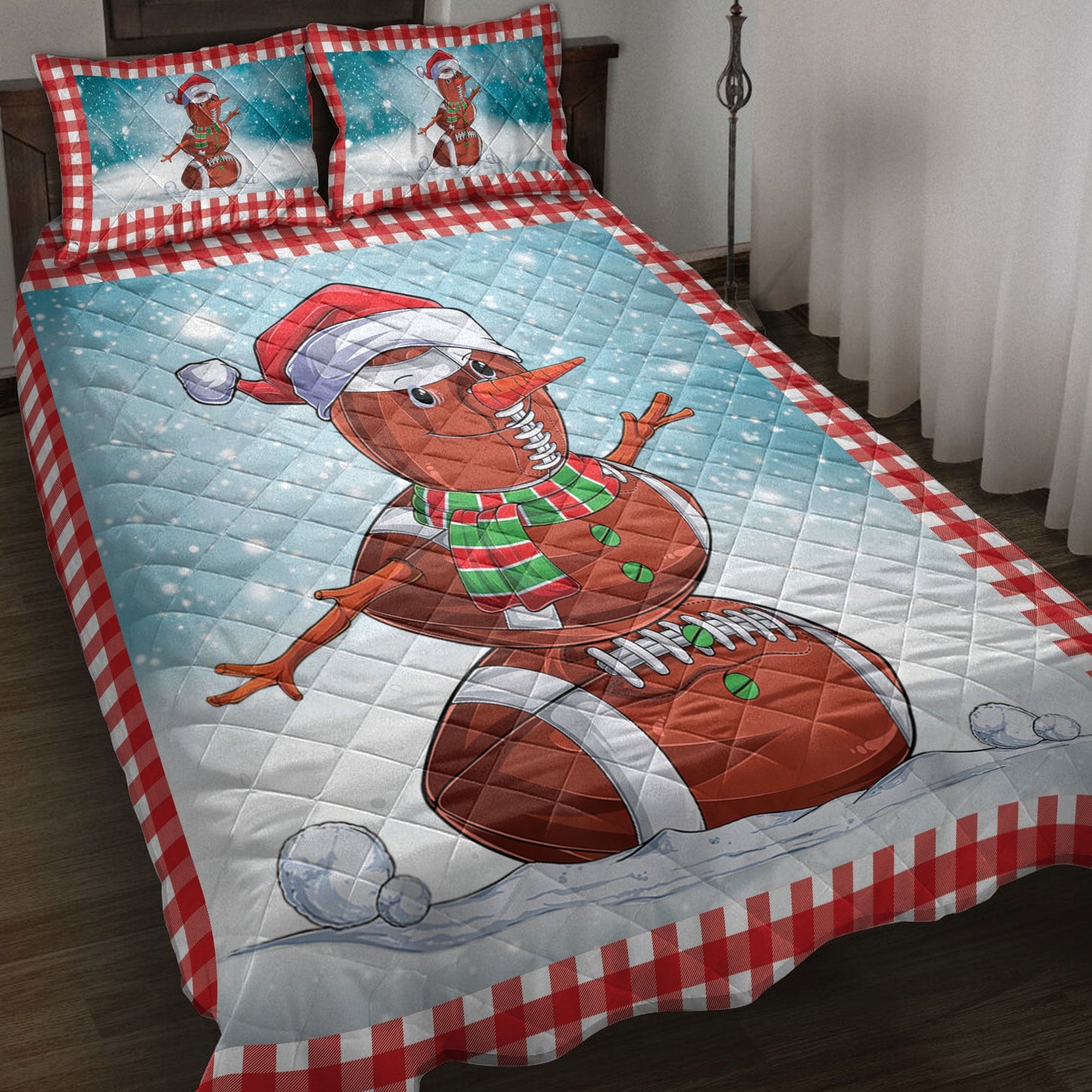 Football Quilt Set, Funnymas American Football Balls Santa Snowman Quilt Blanket With Pillowcases, Quilt Bedding Set, Christmas Gift