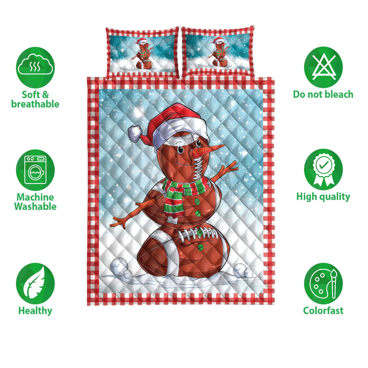 Football Quilt Set, Funnymas American Football Balls Santa Snowman Quilt Blanket With Pillowcases, Quilt Bedding Set, Christmas Gift