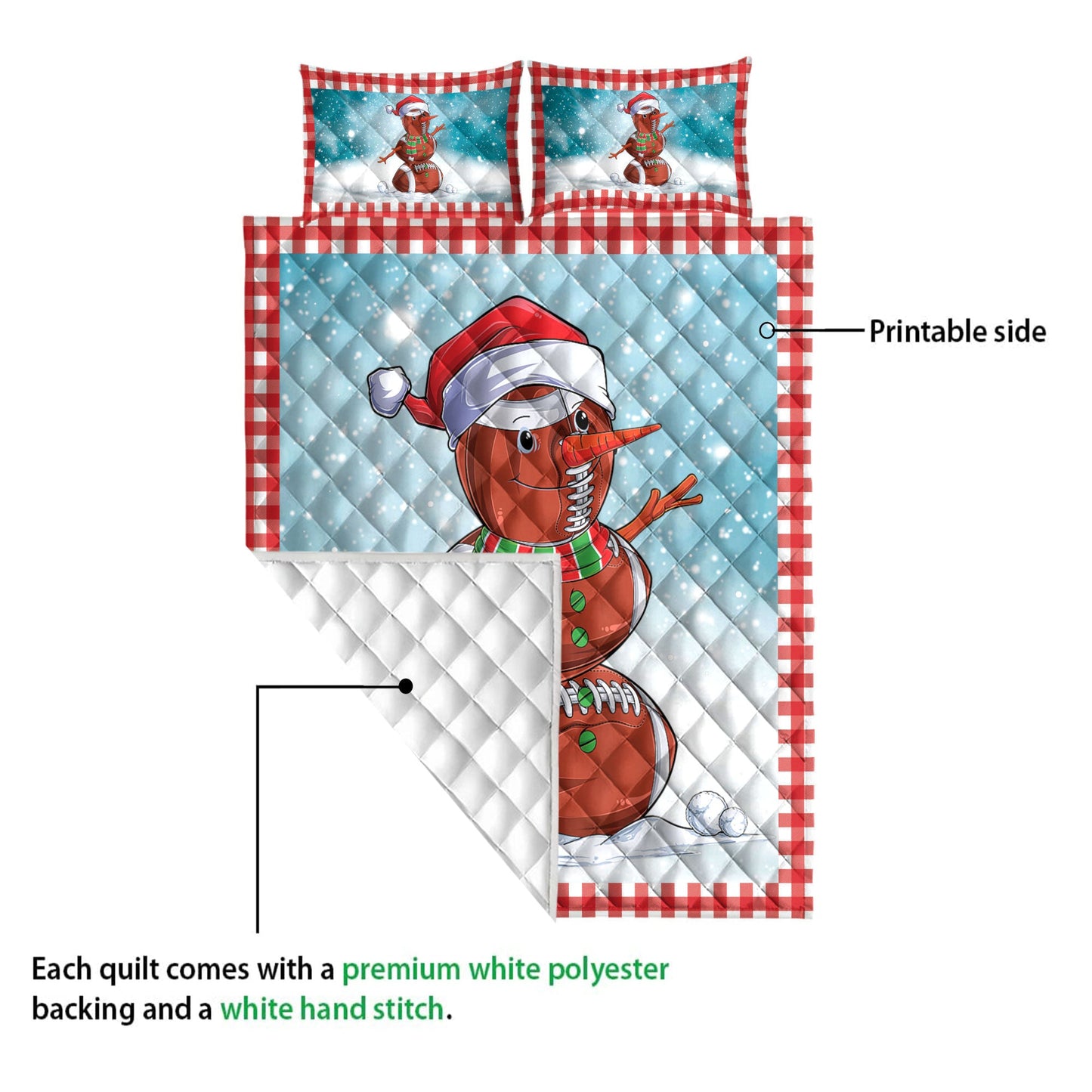 Football Quilt Set, Funnymas American Football Balls Santa Snowman Quilt Blanket With Pillowcases, Quilt Bedding Set, Christmas Gift
