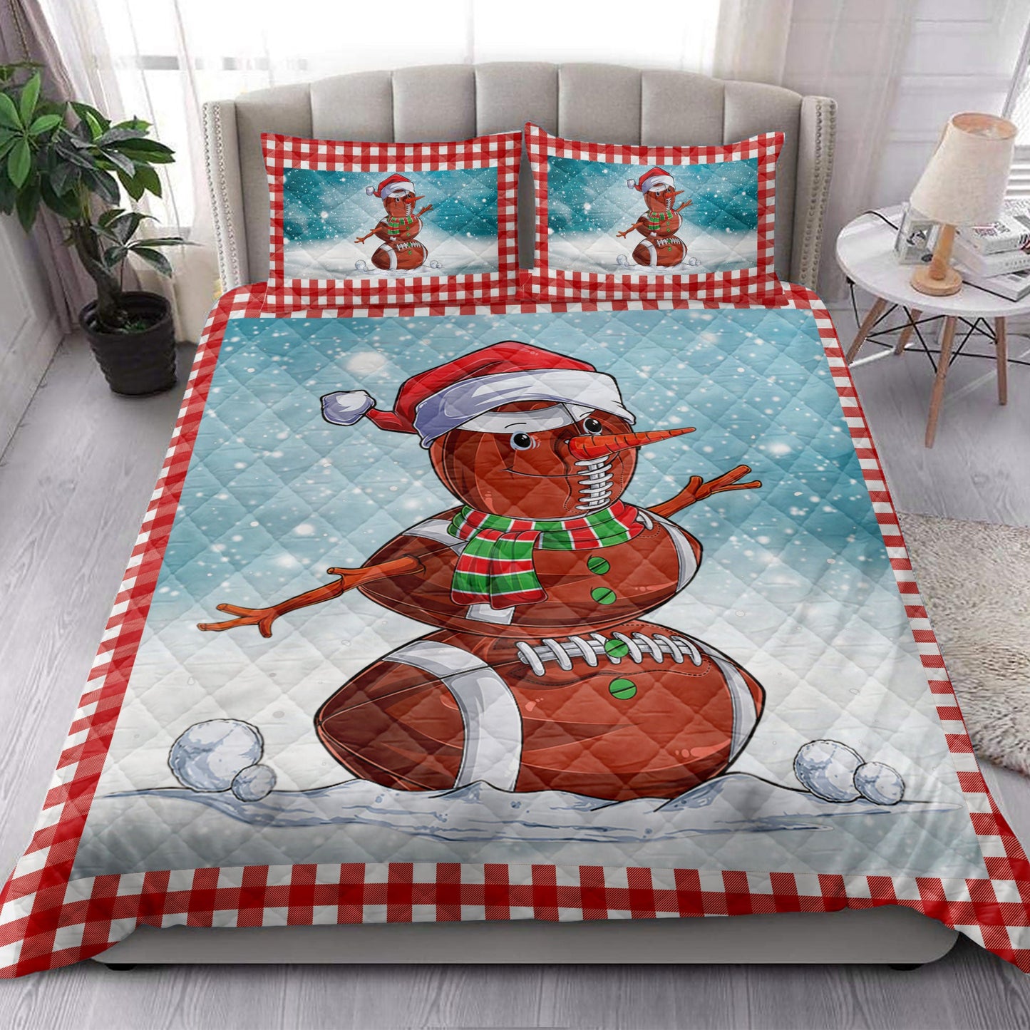 Football Quilt Set, Funnymas American Football Balls Santa Snowman Quilt Blanket With Pillowcases, Quilt Bedding Set, Christmas Gift