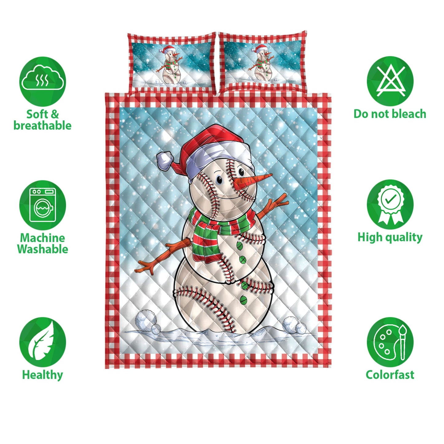 Baseball Quilt Set, Funnymas Baseball Balls Santa Snowman Quilt Blanket With Pillowcases, Quilt Bedding Set, Christmas Gift, Sports Gifts