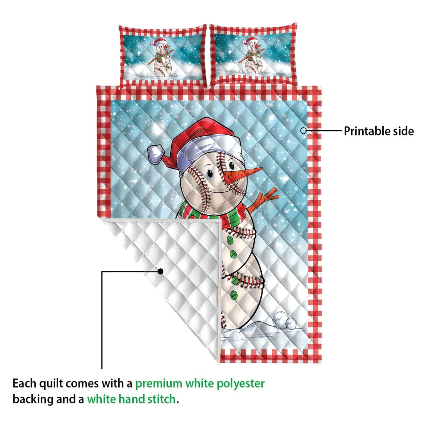 Baseball Quilt Set, Funnymas Baseball Balls Santa Snowman Quilt Blanket With Pillowcases, Quilt Bedding Set, Christmas Gift, Sports Gifts