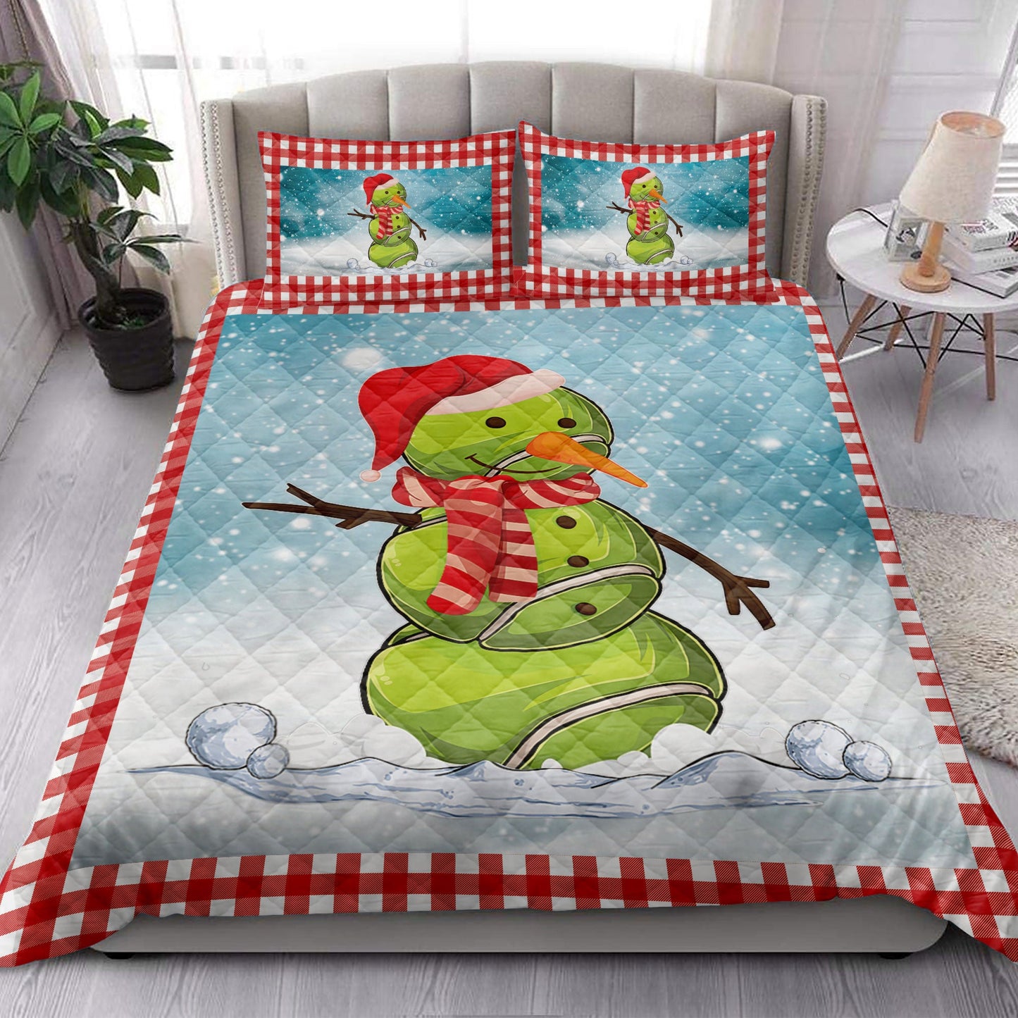 Tennis Quilt Set, Funnymas Tennis Balls Santa Snowman Quilt Blanket With Pillowcases, Quilt Bedding Set, Christmas Gift