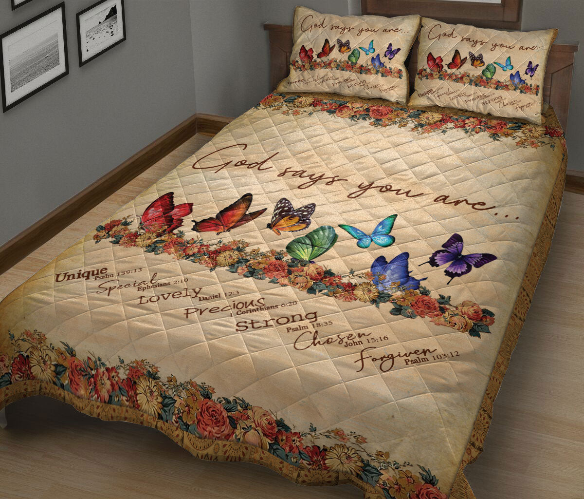 Butterfly, Christian, Jesus, God, Bible Quilt Set, Butterfly God Say You Are Style Flower Quilt Blanket With Pillowcases, Quilt Bedding Set