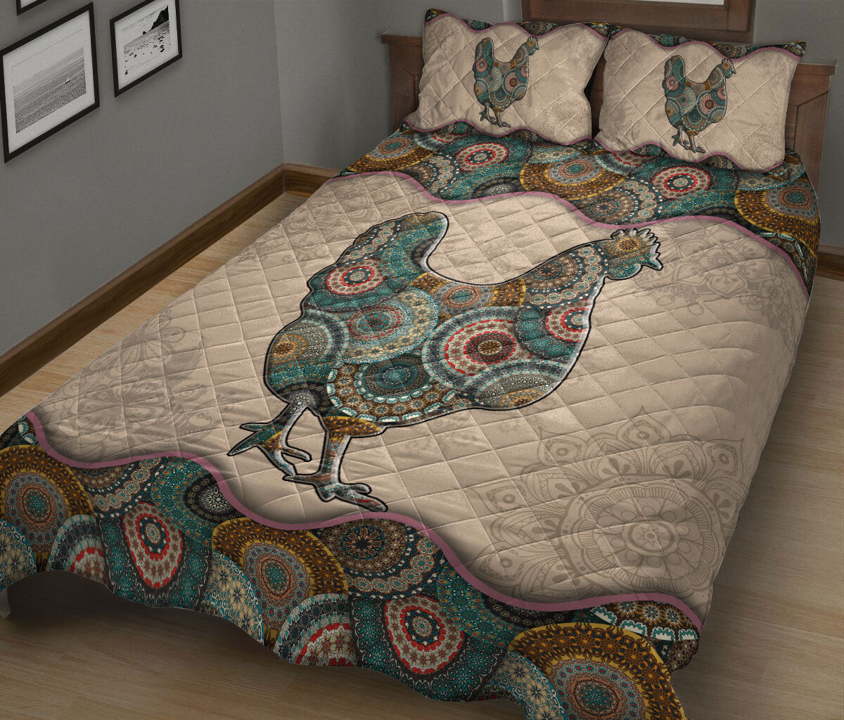 Chicken Quilt Set, Farm Chicken Hen Mandala Farmer Farmho Use Decoration Quilt Blanket With Pillowcases, Quilt Bedding Set