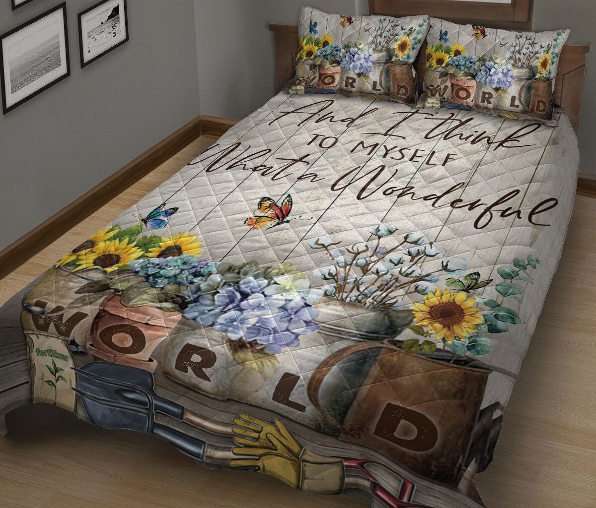 Gardening Quilt Set, Flower Plant Butterfly Gardening Gardener Spring Wood Wonderful World Quilt Blanket With Pillowcases, Quilt Bedding Set