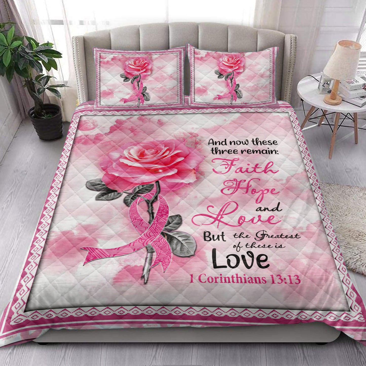 Breast Cancer Quilt Set, Breast Cancer Awareness Pink Bc Support Rose Faith Hope Love Quilt Blanket With Pillowcases, Quilt Bedding Set