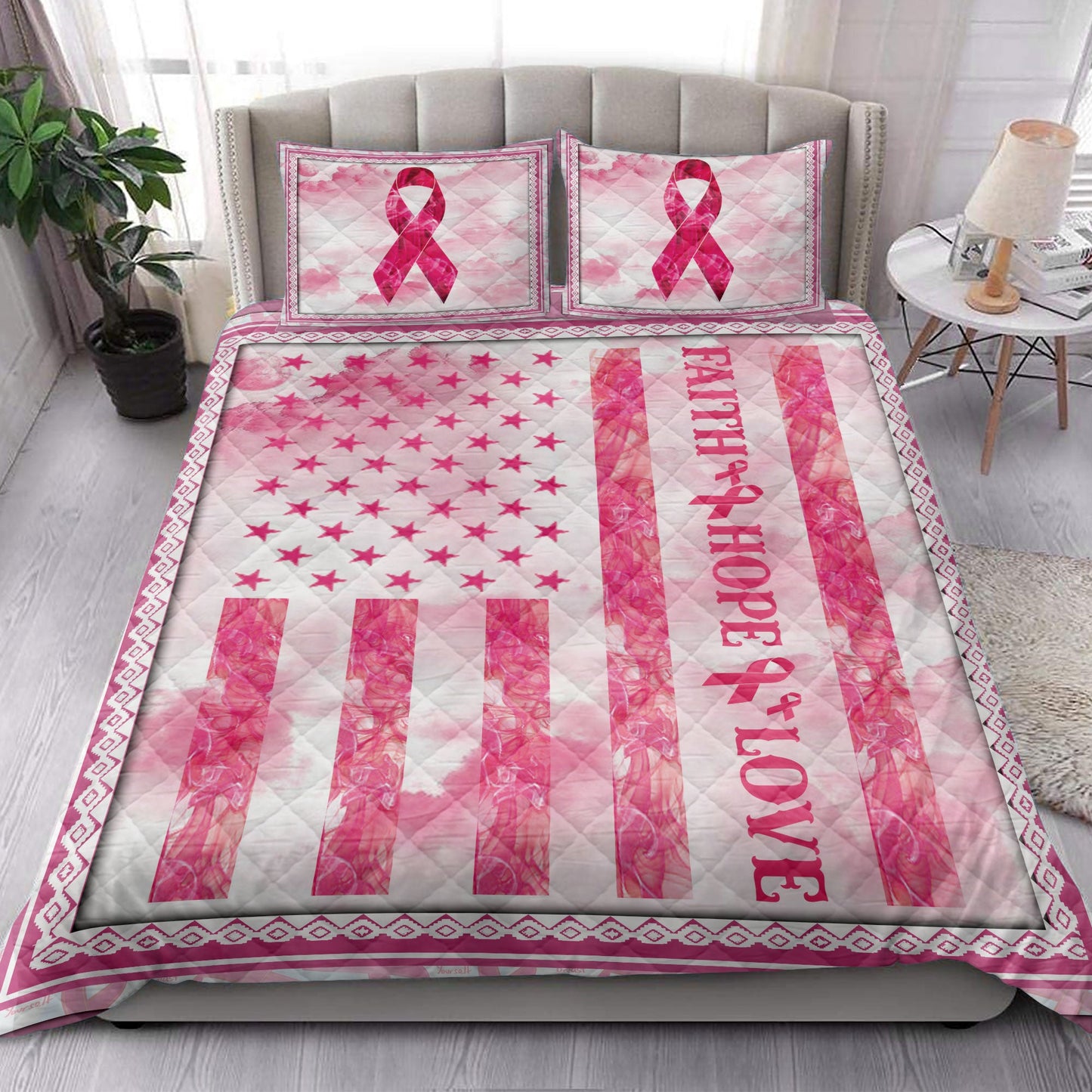 Breast Cancer Quilt Set, Breast Cancer Awareness Pink Bc Support Faith Hope Love Quilt Blanket With Pillowcases, Quilt Bedding Set