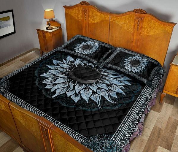 Personalized Hockey 3-Piece Quilt Bedding Set, Hockey Blue Sunflower Mandala Hockey Quilt Blanket With Pillowcases, Quilt Bedding Set