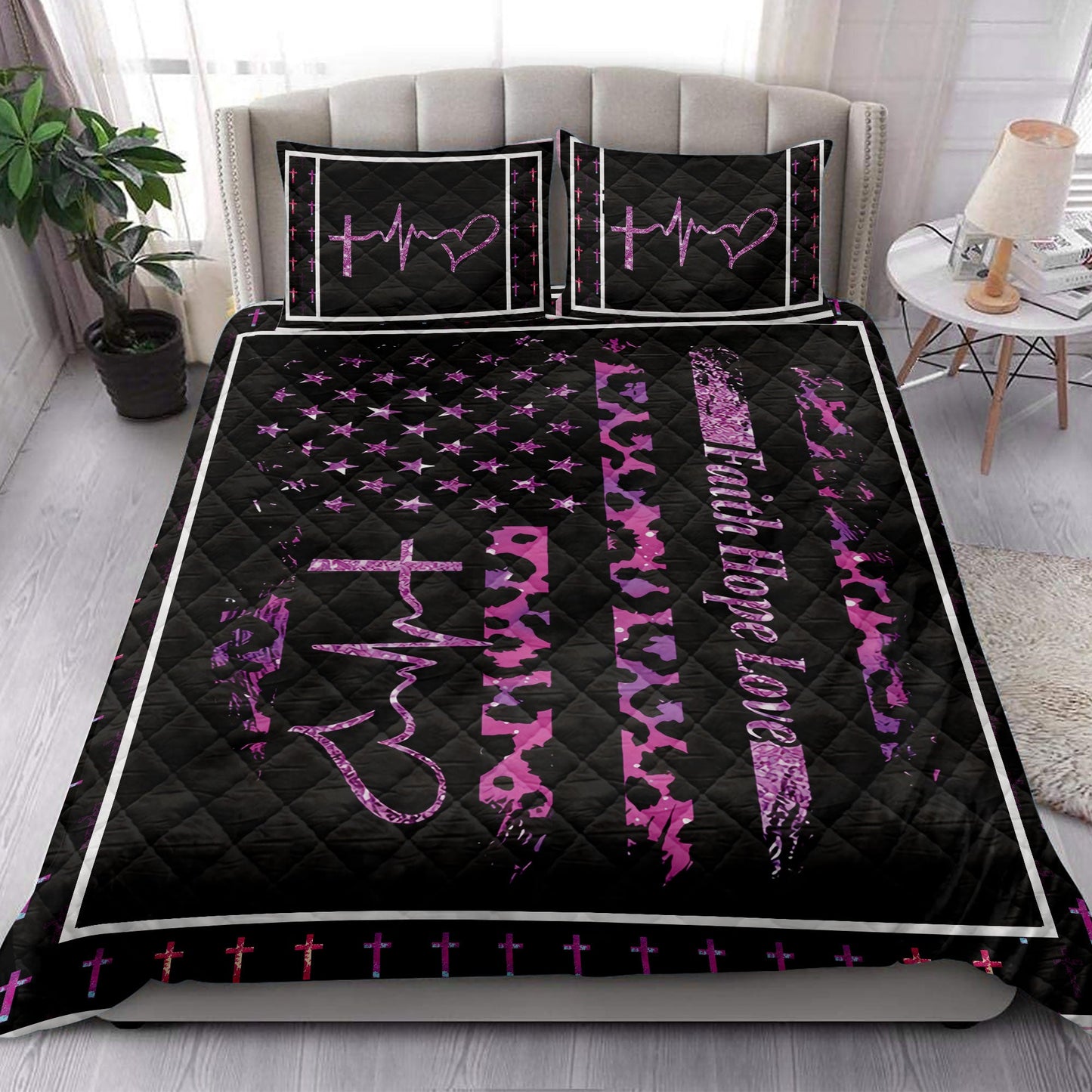 Breast Cancer Quilt Set, Leopard Us Flag Breast Cancer Awareness Quilt Blanket With Pillowcases, Quilt Bedding Set