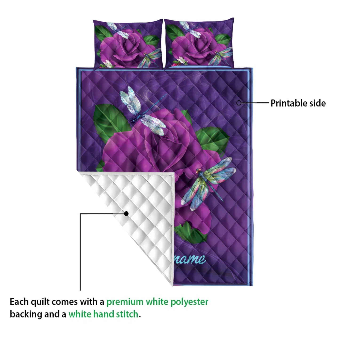Personalized Dragonfly Quilt Set, Purple Rose Dragonfly Violet Quilt Blanket With Pillowcases, Custom Name Quilt Bedding Set