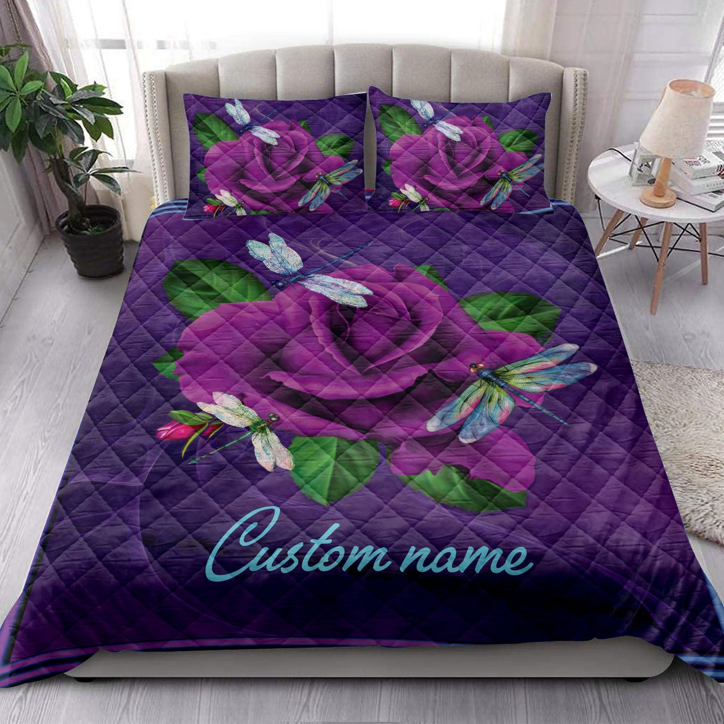 Personalized Dragonfly Quilt Set, Purple Rose Dragonfly Violet Quilt Blanket With Pillowcases, Custom Name Quilt Bedding Set