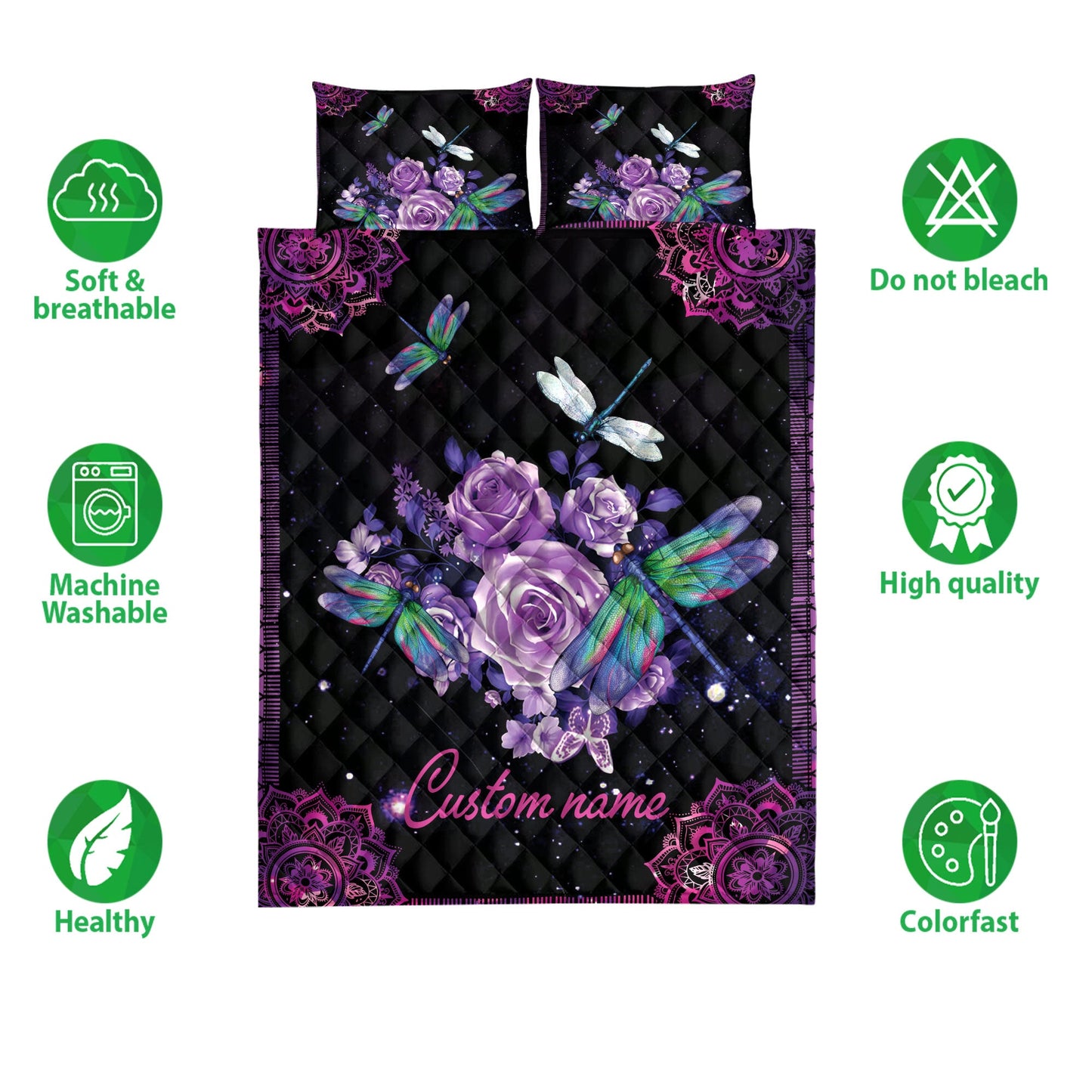 Personalized Dragonfly Quilt Set, Purple Rose Dragonfly Mandala Galaxy Violet Quilt Blanket With Pillowcases, Quilt Bedding Set