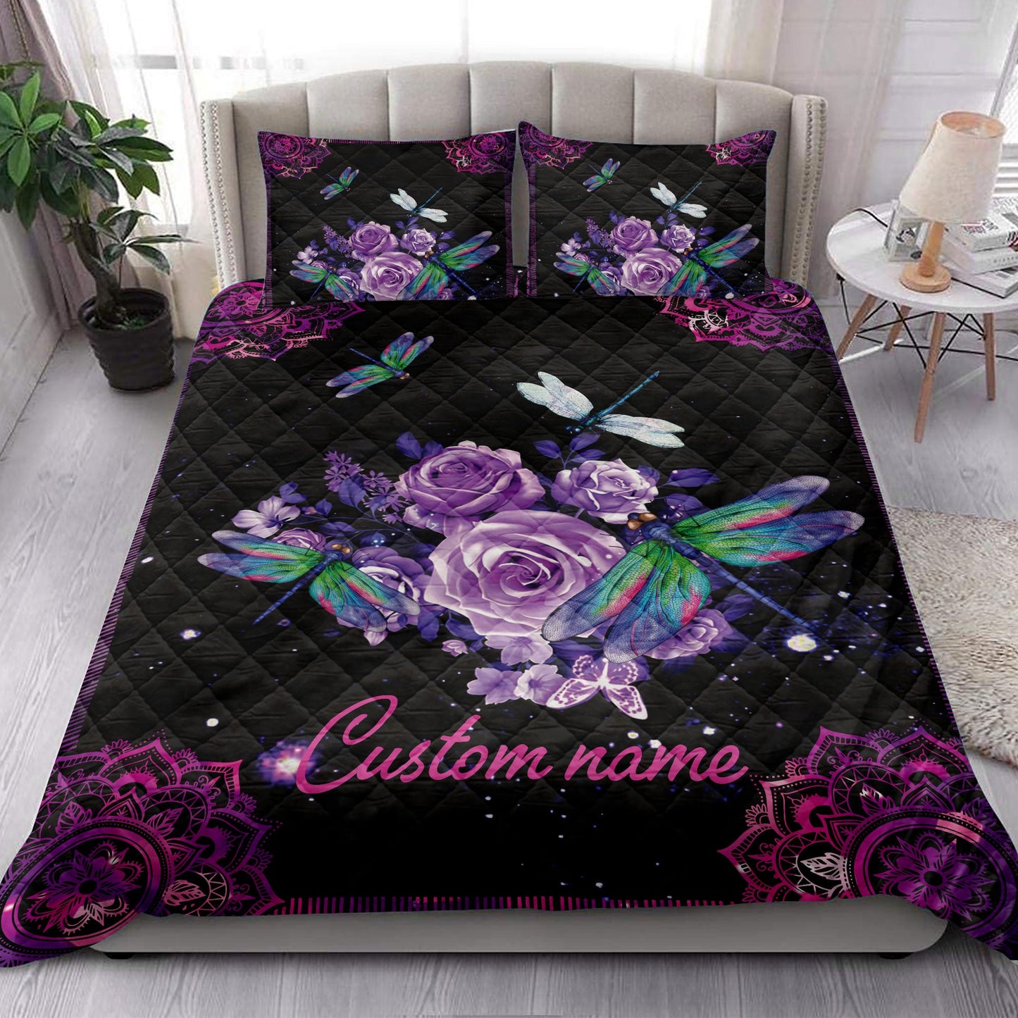 Personalized Dragonfly Quilt Set, Purple Rose Dragonfly Mandala Galaxy Violet Quilt Blanket With Pillowcases, Quilt Bedding Set