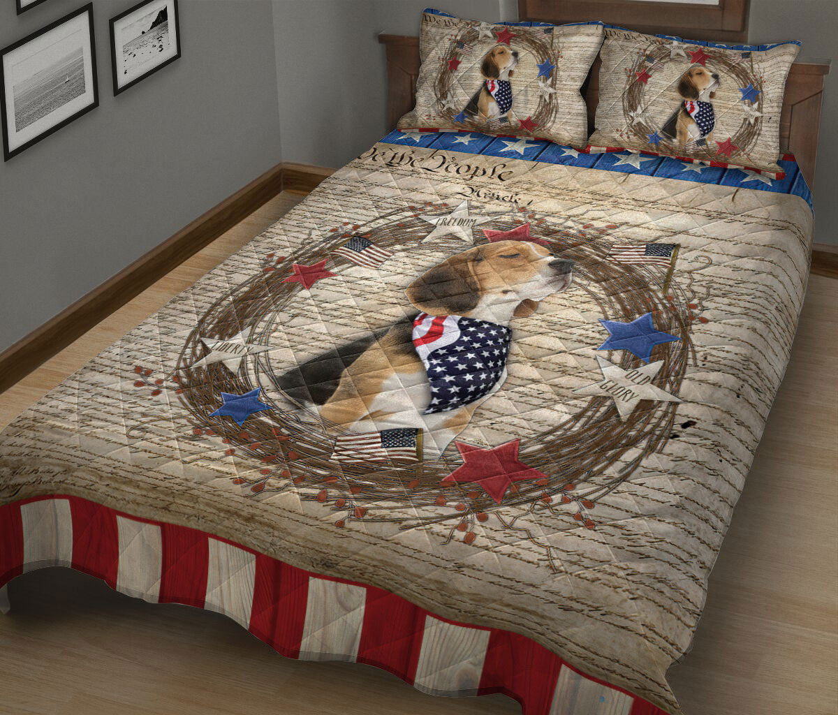Beagle Quilt Set, Beagle Dog We The People Patriotic Quilt Blanket With Pillowcases, Quilt Bedding Set