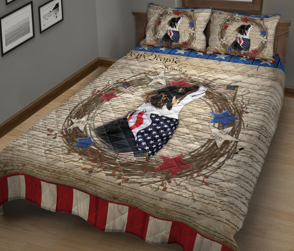 Border Collie Quilt Set, Border Collie Dog We The People Patriotic Quilt Blanket With Pillowcases, Quilt Bedding Set