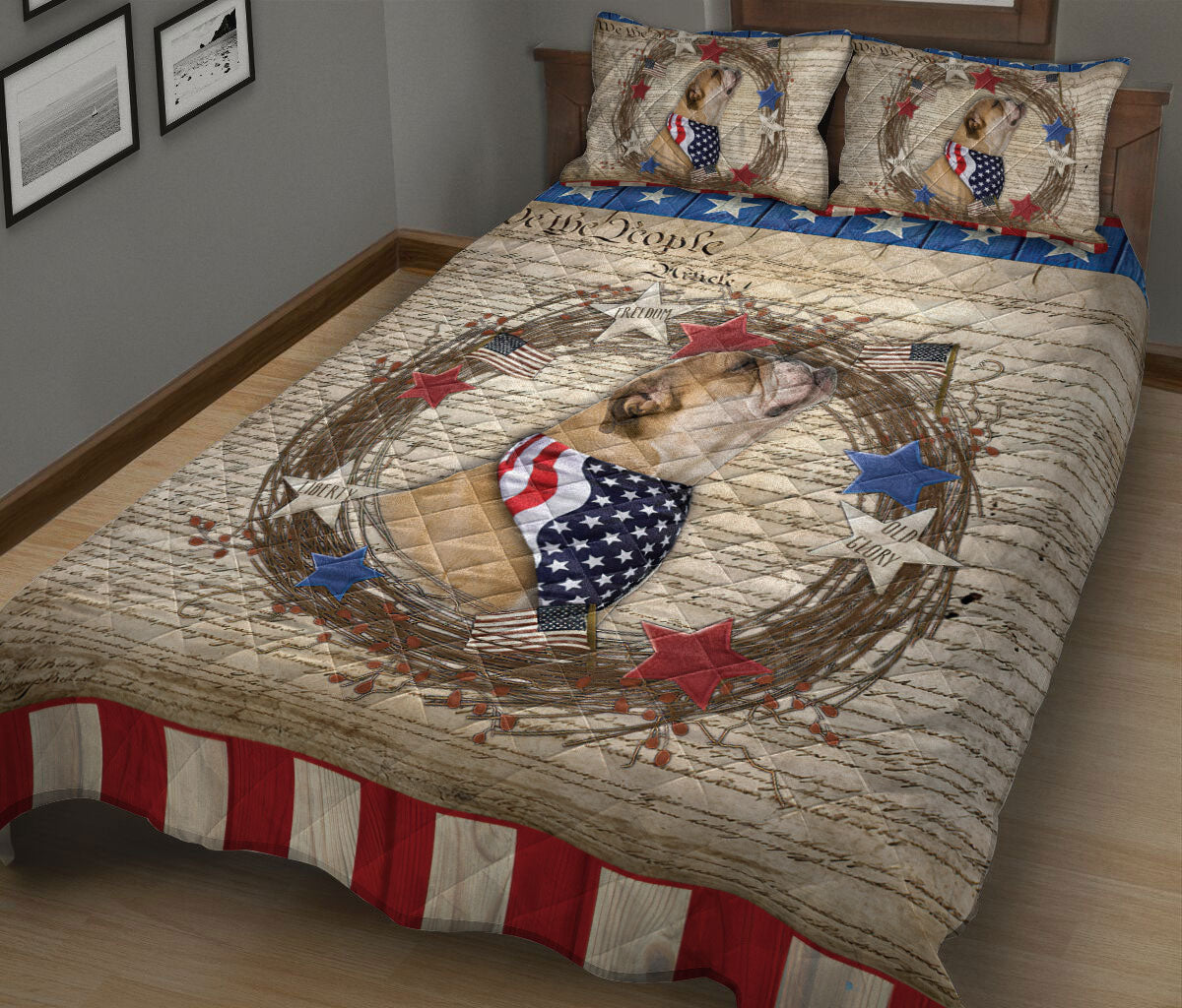 Bulldog Quilt Set, Bulldog Dog We The People Patriotic Quilt Blanket With Pillowcases, Quilt Bedding Set