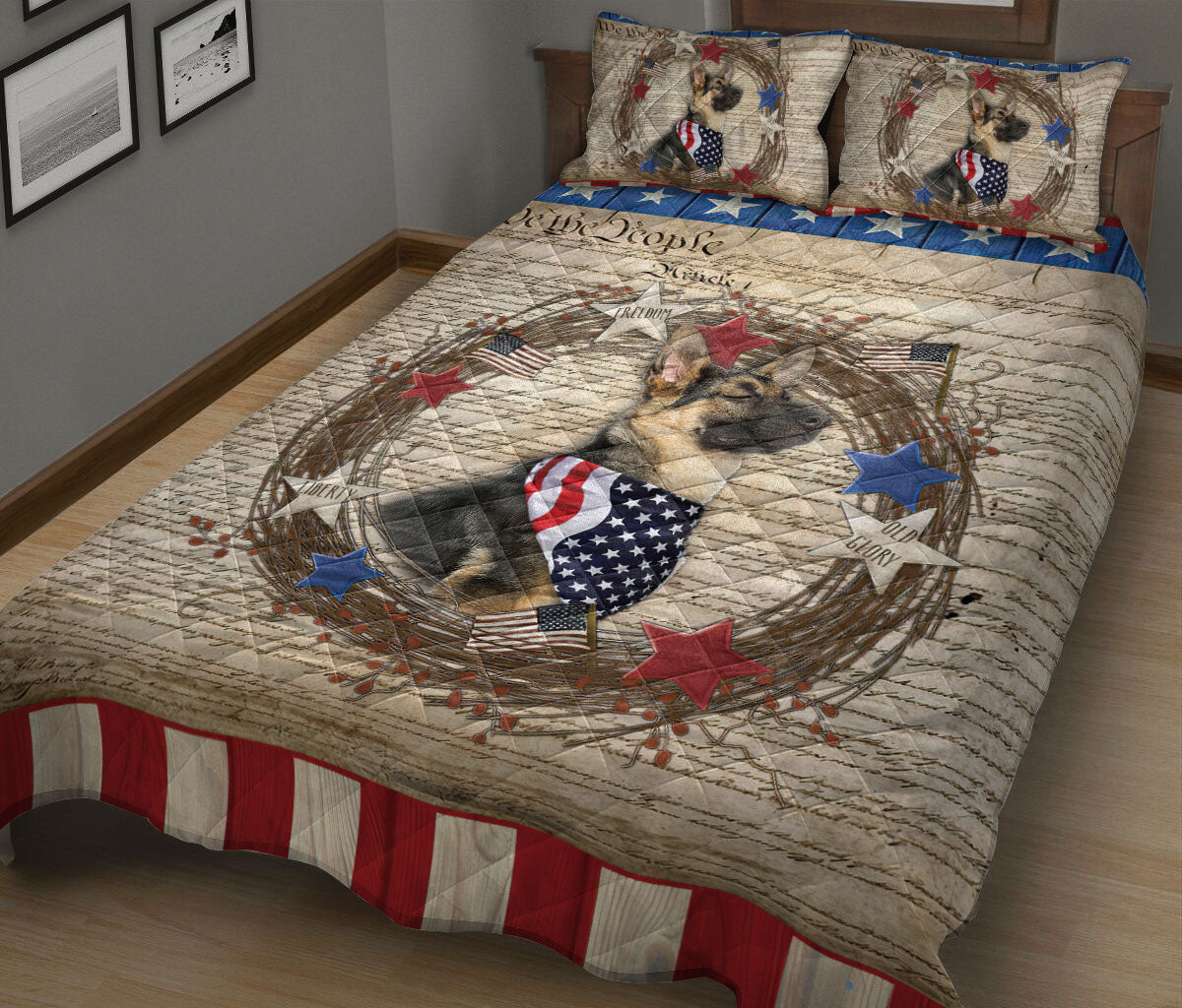German Shepherd Quilt Set, German Shepherd Dog We The People Patriotic Quilt Blanket With Pillowcases, Quilt Bedding Set