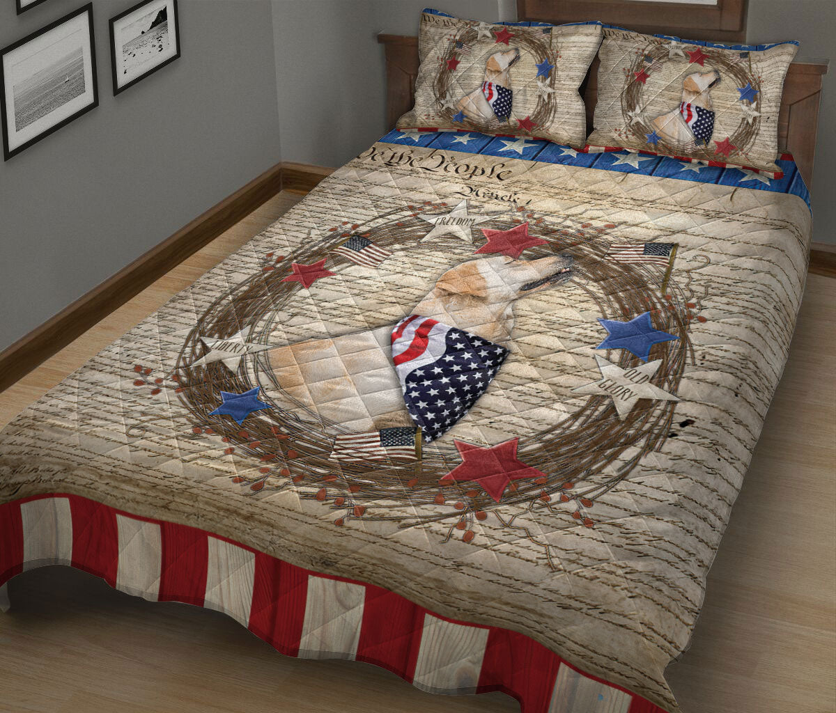 Golden Retriever Quilt Set, Golden Retriever Dog We The People Patriotic Quilt Blanket With Pillowcases, Quilt Bedding Set