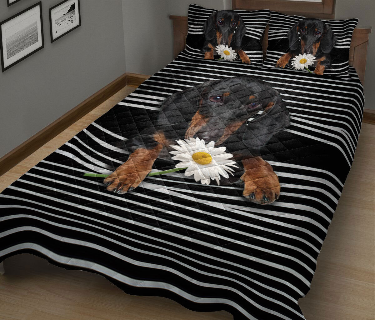 Dachshund Quilt Set, Black Dachshund White Daisy Striped Dog Quilt Blanket With Pillowcases, Quilt Bedding Set