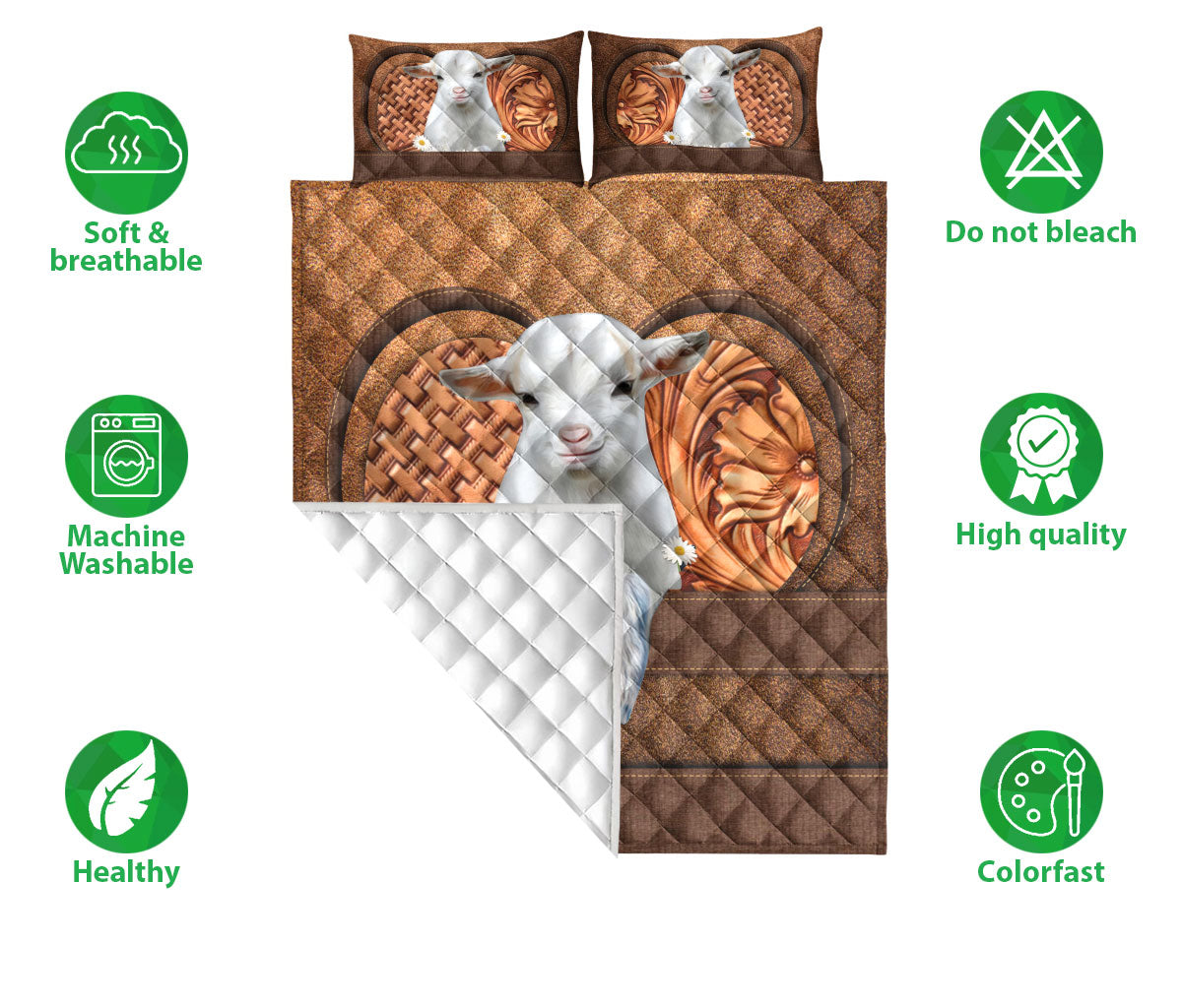 Goat Quilt Set, White Baby Goat Daisy Flower Farm Farmer Quilt Blanket With Pillowcases, Quilt Bedding Set