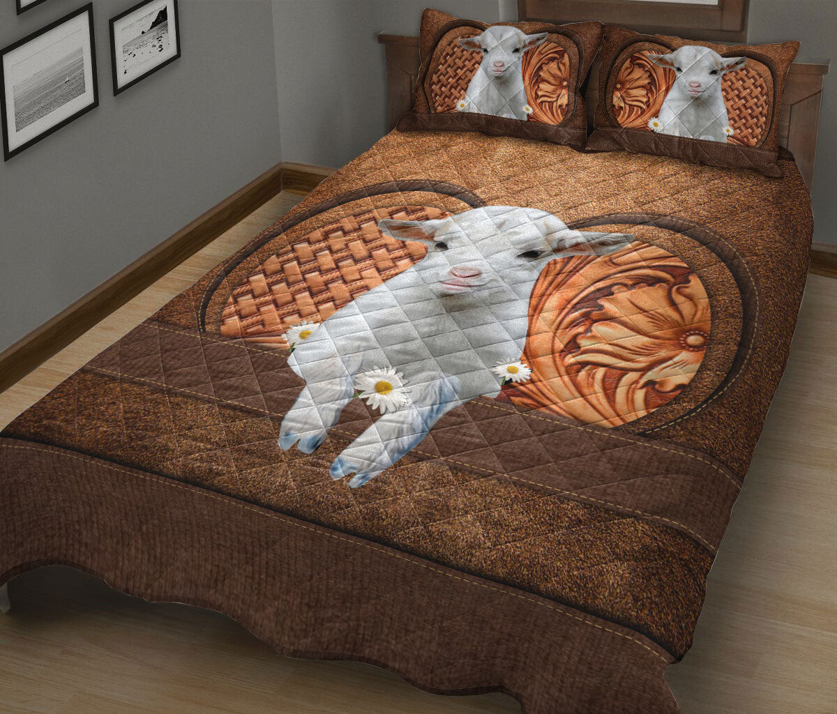 Goat Quilt Set, White Baby Goat Daisy Flower Farm Farmer Quilt Blanket With Pillowcases, Quilt Bedding Set