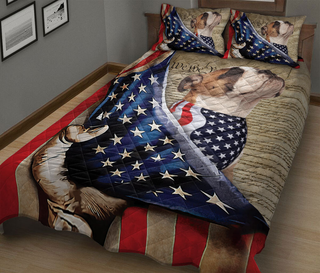 Bulldog Quilt Set, English Bulldog Patriotic Dog American History Us Flag We The People Quilt Blanket With Pillowcases, Quilt Bedding Set
