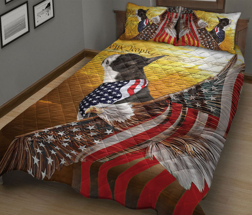Boston Terrier Quilt Set, Boston Terrier Patriotic Dog American Eagle Us Flag We The People Quilt Blanket With Pillowcases, Quilt Bedding Set