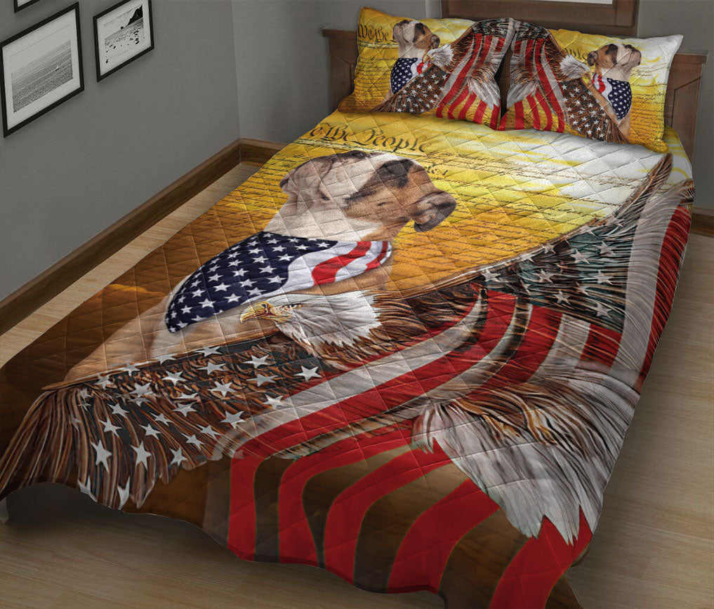 Bulldog Quilt Set, English Bulldog Patriotic Dog American Eagle Us Flag We The People Quilt Blanket With Pillowcases, Quilt Bedding Set