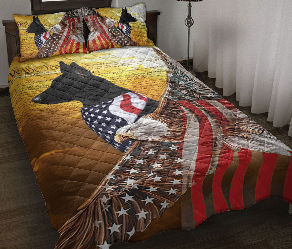 German Shepherd Quilt Set, Black German Shepherd Patriotic Dog American Eagle Us Flag We The People Quilt Blanket With Pillowcases, Quilt Bedding Set