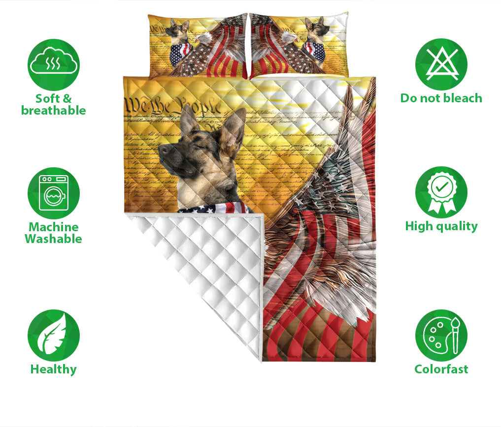 German Shepherd Quilt Set, German Shepherd Patriotic Dog American Eagle Us Flag We The People Quilt Blanket With Pillowcases, Quilt Bedding Set