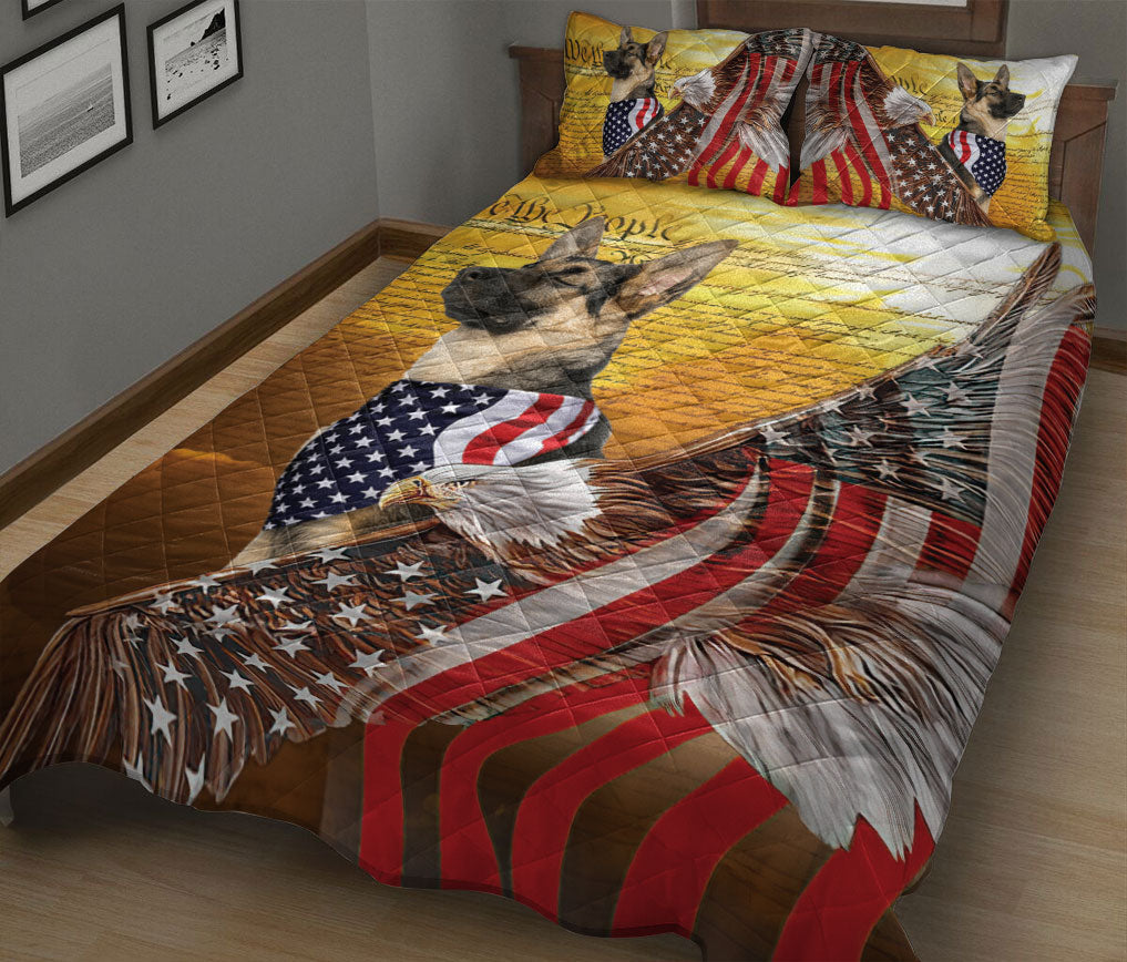 German Shepherd Quilt Set, German Shepherd Patriotic Dog American Eagle Us Flag We The People Quilt Blanket With Pillowcases, Quilt Bedding Set