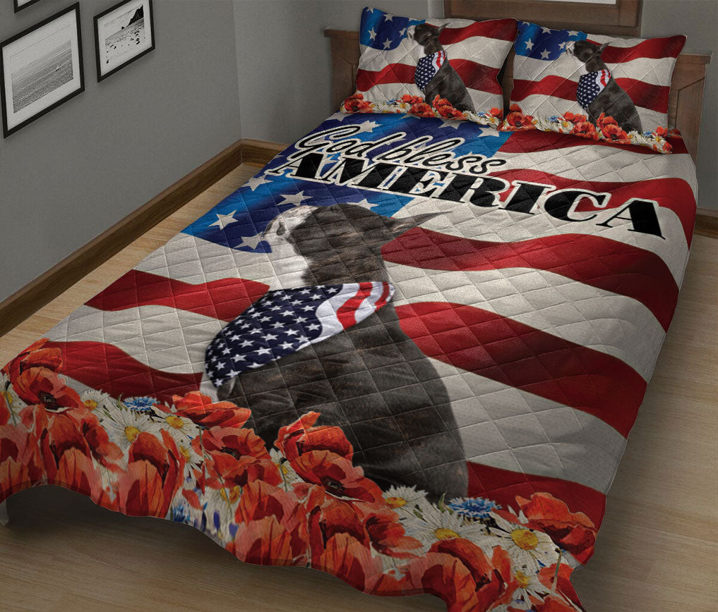 Boston Terrier Quilt Set, Boston Terrier Patriotic Dog God Bless Us Flag Quilt Blanket With Pillowcases, Quilt Bedding Set