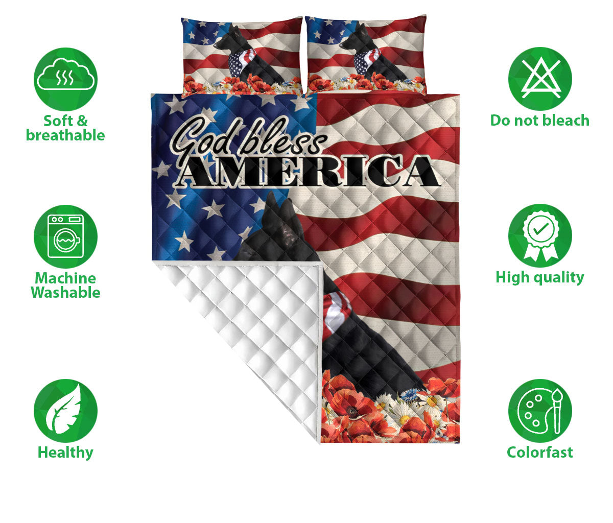 German Shepherd Quilt Set, Black German Shepherd Patriotic Dog God Bless Us Flag Quilt Blanket With Pillowcases, Quilt Bedding Set