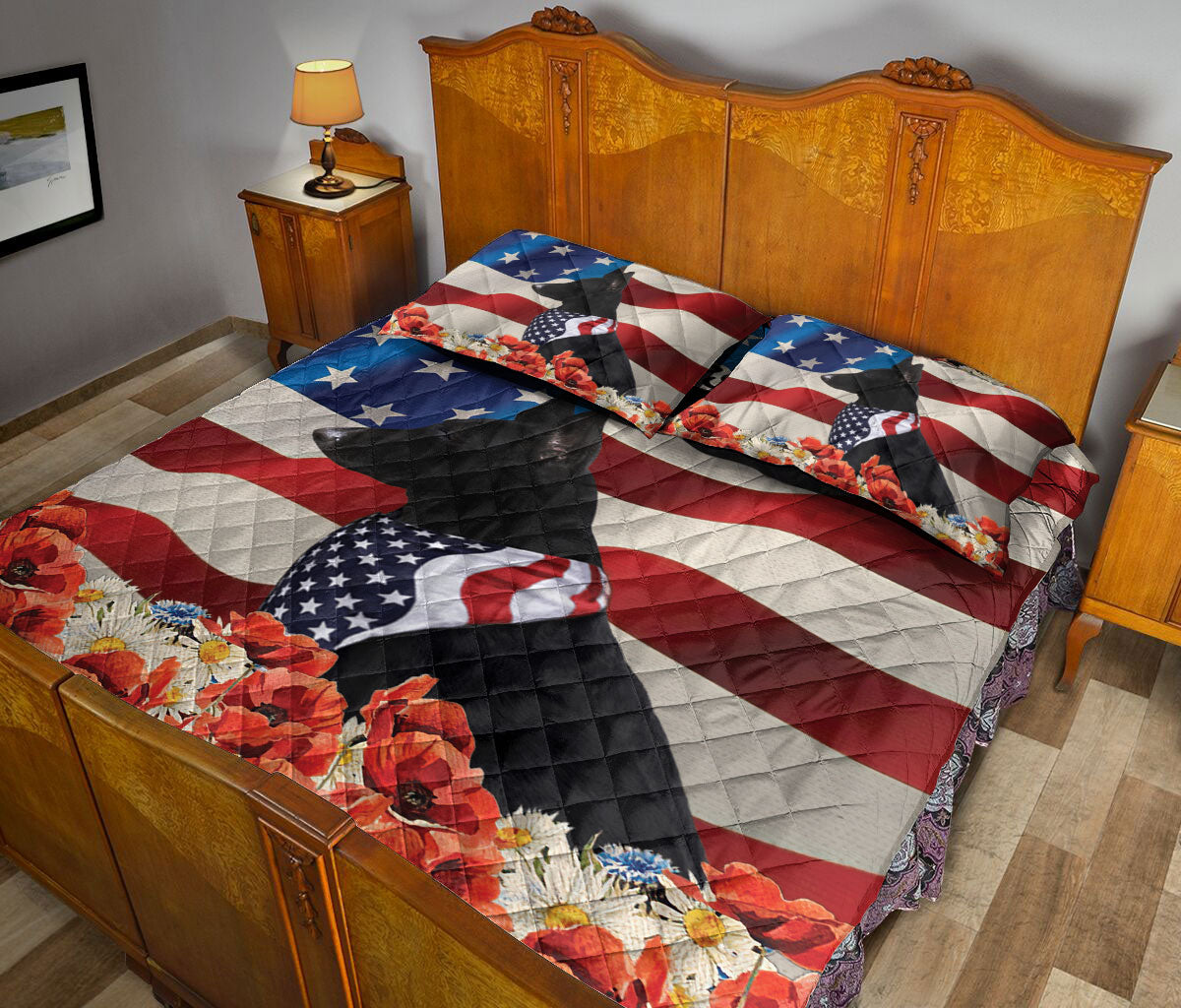 German Shepherd Quilt Set, Black German Shepherd Patriotic Dog God Bless Us Flag Quilt Blanket With Pillowcases, Quilt Bedding Set