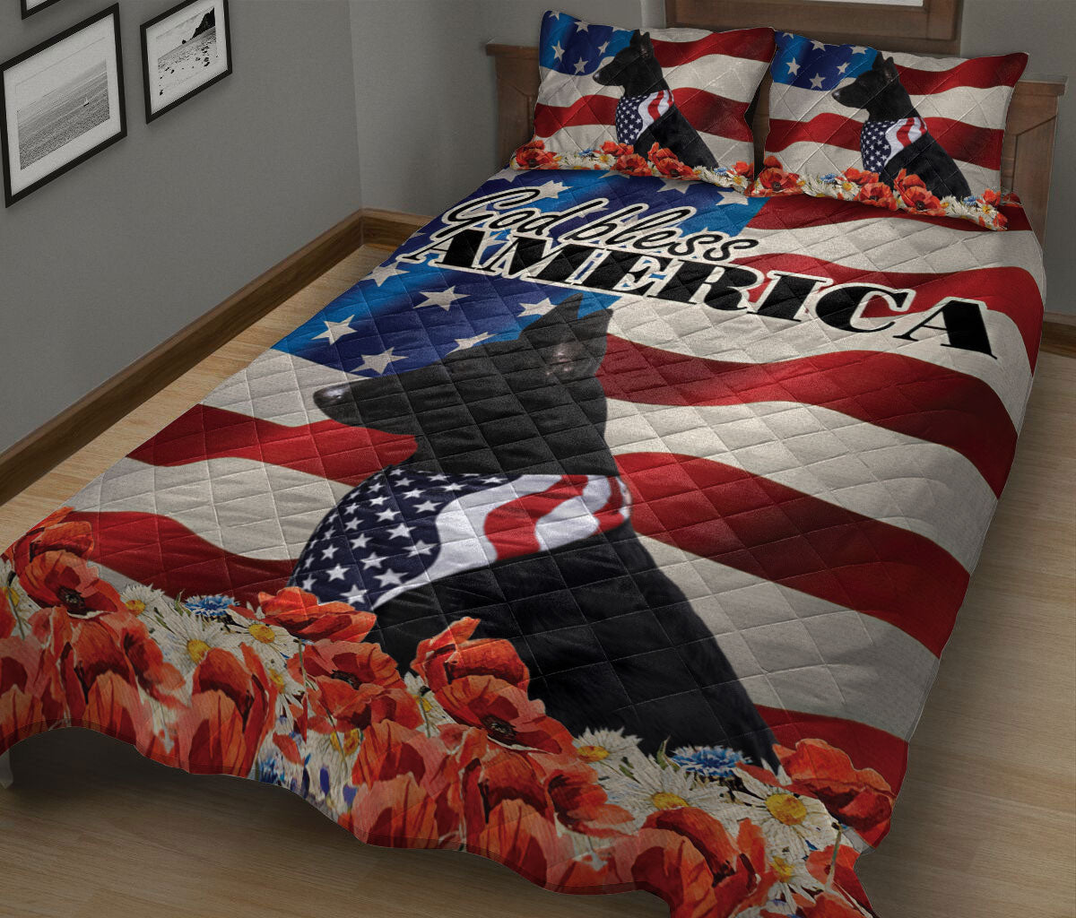 German Shepherd Quilt Set, Black German Shepherd Patriotic Dog God Bless Us Flag Quilt Blanket With Pillowcases, Quilt Bedding Set