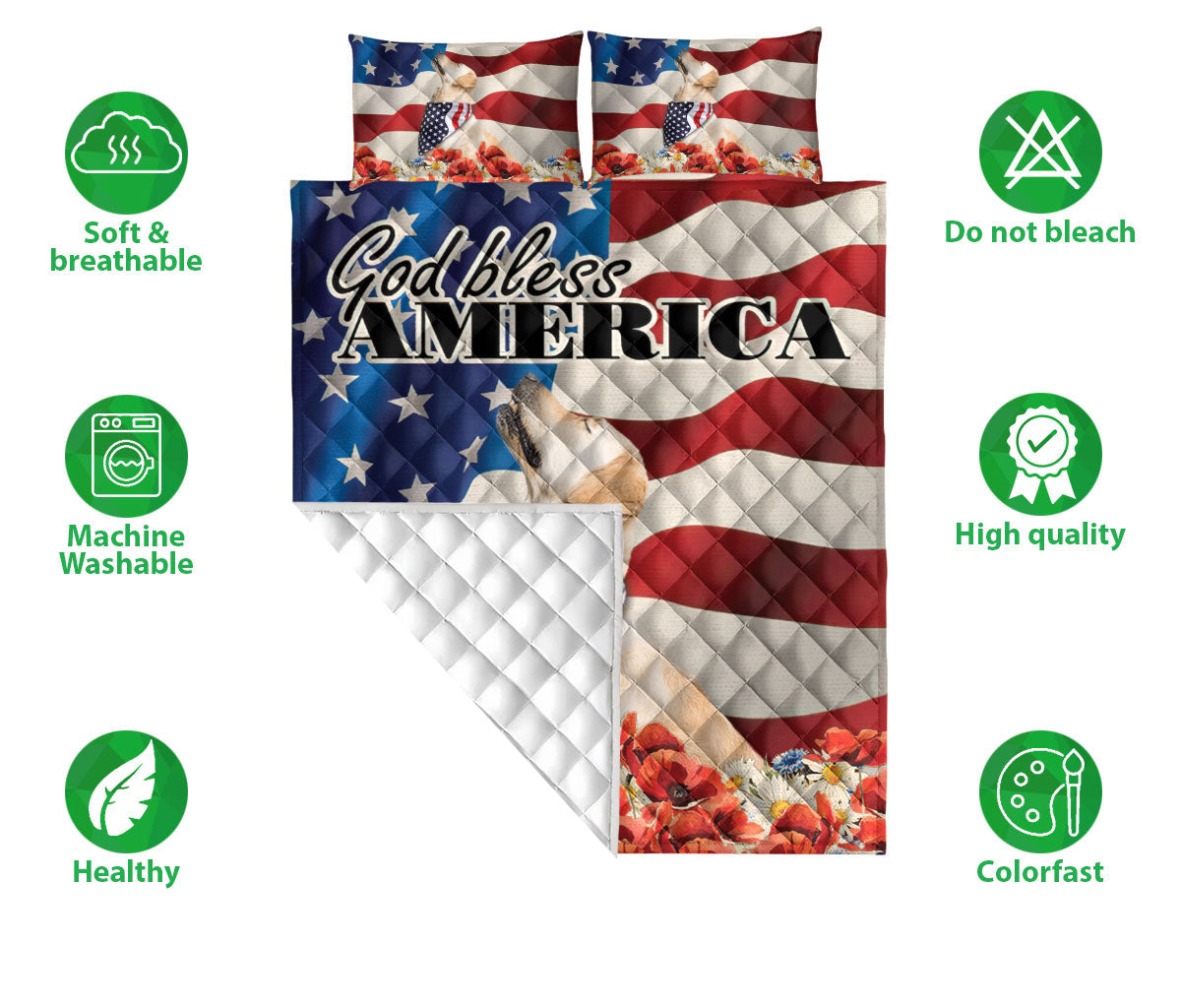 Golden Retriever Quilt Set, Golden Retriever Patriotic Dog God Bless Us Flag Quilt Blanket With Pillowcases, Quilt Bedding Set