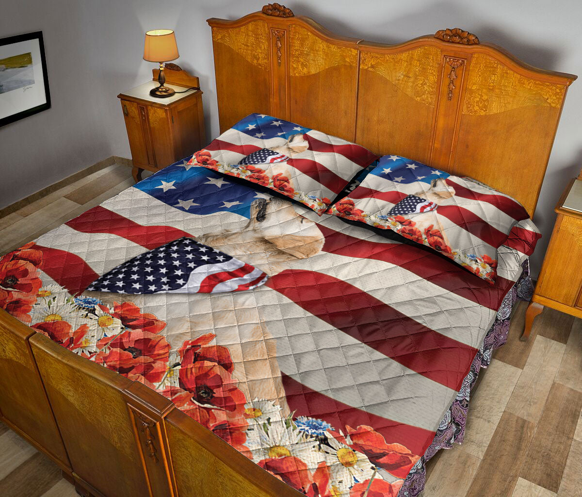 Golden Retriever Quilt Set, Golden Retriever Patriotic Dog God Bless Us Flag Quilt Blanket With Pillowcases, Quilt Bedding Set