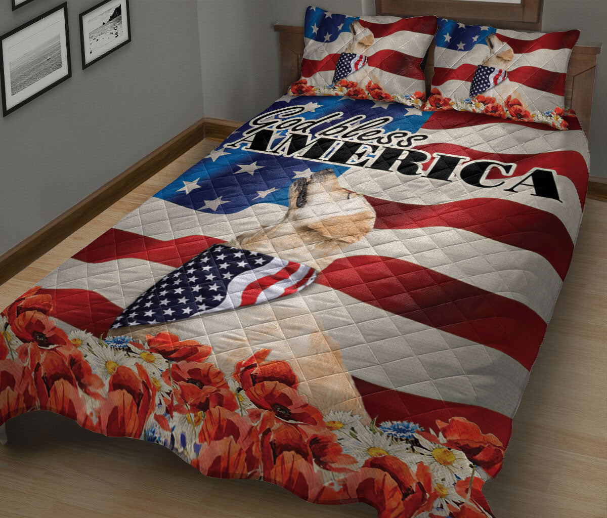 Golden Retriever Quilt Set, Golden Retriever Patriotic Dog God Bless Us Flag Quilt Blanket With Pillowcases, Quilt Bedding Set