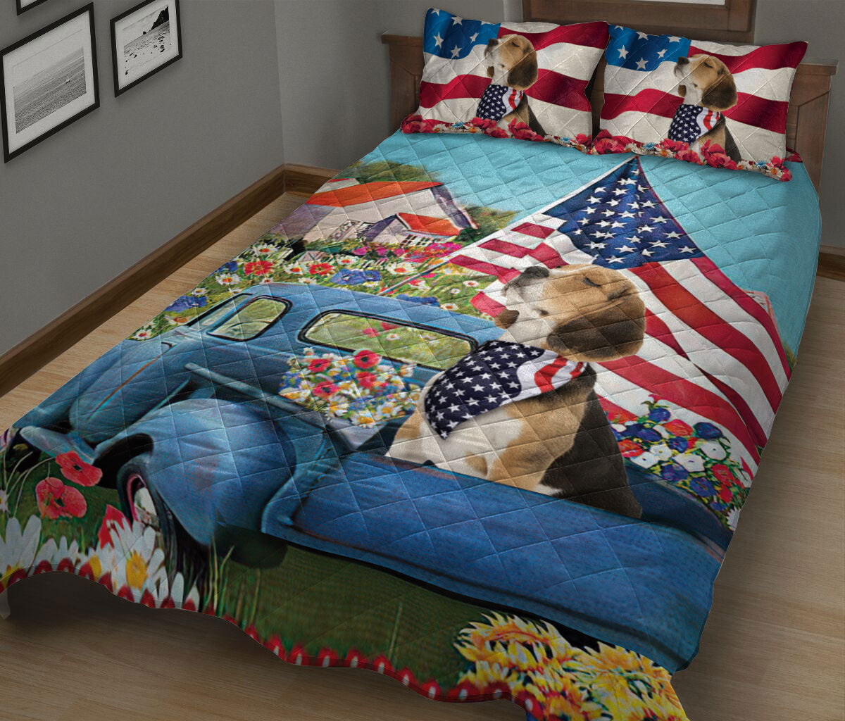 Beagle Quilt Set, Beagle In Car Patriotic Dog Us Flag Flower Spring Country Road Quilt Blanket With Pillowcases, Quilt Bedding Set