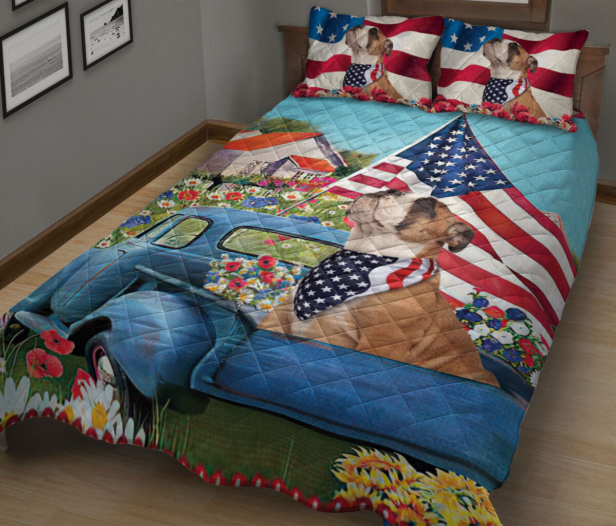 Bulldog Quilt Set, English Bulldog Car Patriotic Dog Us Flag Flower Spring Country Road Quilt Blanket With Pillowcases, Quilt Bedding Set