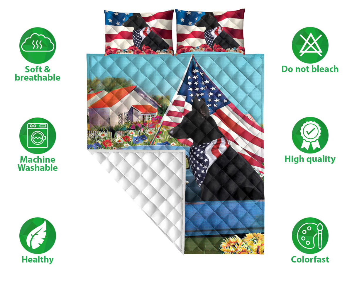 German Shepherd Quilt Set, Black German Shepherd In Car Patriotic Dog Us Flag Flower Spring Quilt Blanket With Pillowcases, Quilt Bedding Set