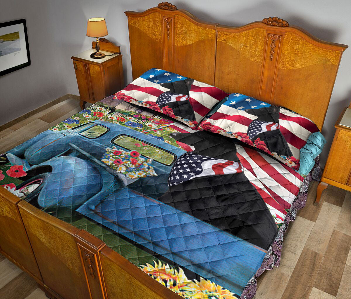 German Shepherd Quilt Set, Black German Shepherd In Car Patriotic Dog Us Flag Flower Spring Quilt Blanket With Pillowcases, Quilt Bedding Set
