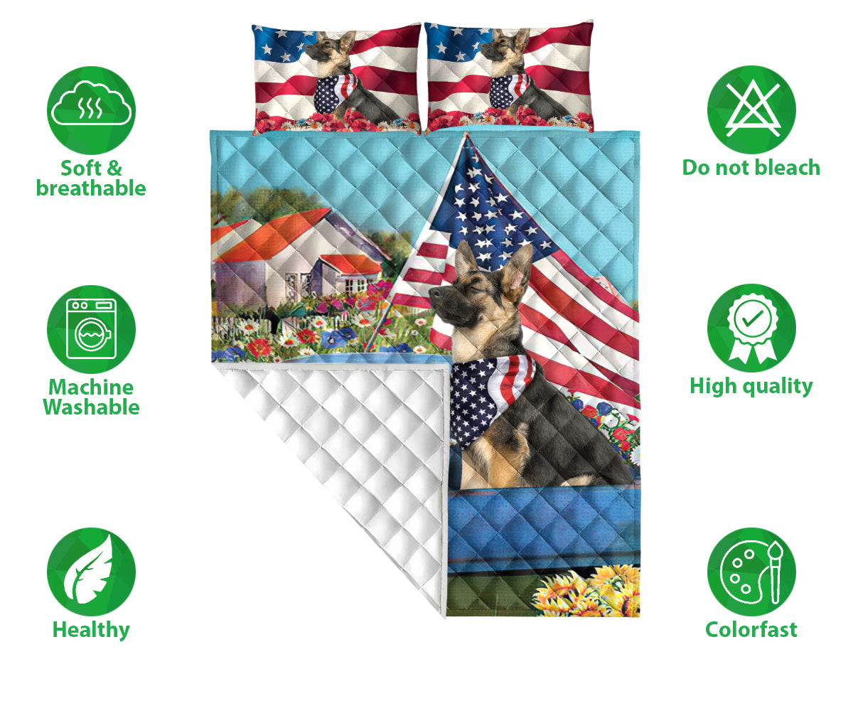 German Shepherd Quilt Set, German Shepherd In Car Patriotic Dog Us Flag Flower Spring Quilt Blanket With Pillowcases, Quilt Bedding Set
