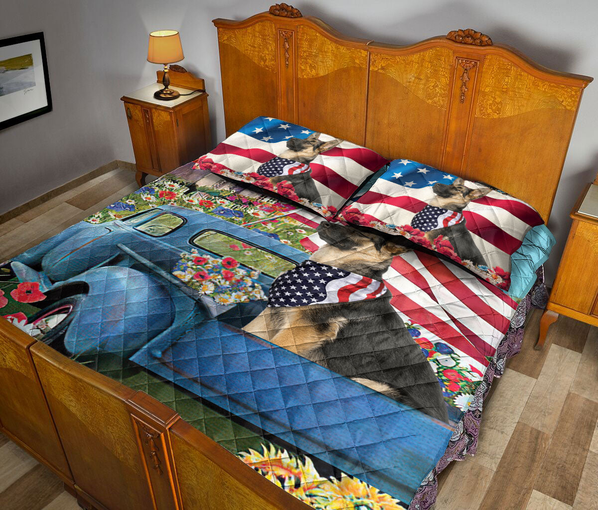 German Shepherd Quilt Set, German Shepherd In Car Patriotic Dog Us Flag Flower Spring Quilt Blanket With Pillowcases, Quilt Bedding Set