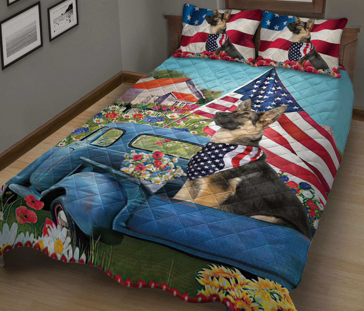 German Shepherd Quilt Set, German Shepherd In Car Patriotic Dog Us Flag Flower Spring Quilt Blanket With Pillowcases, Quilt Bedding Set