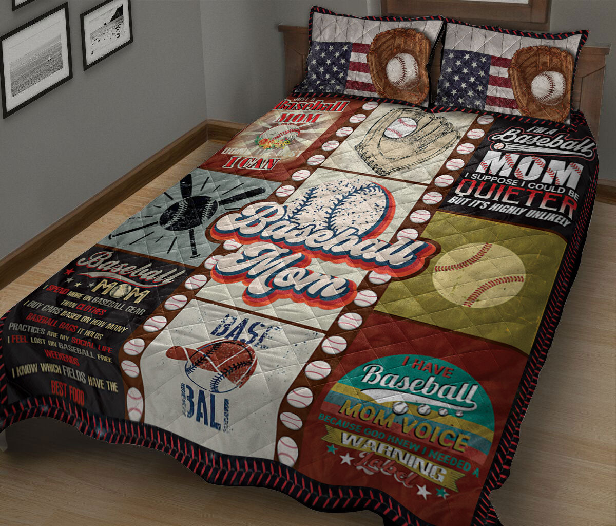 Baseball Quilt Set, Patchwork Baseball Mom Baseball Quilt Blanket With Pillowcases, Quilt Bedding Set, Sports Gifts